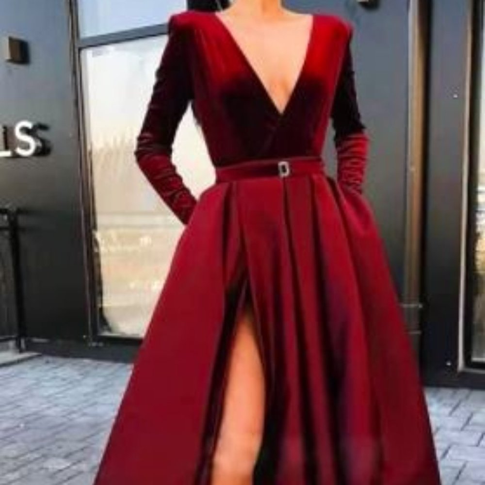 Deep V Neck Side Split Velvet Dress